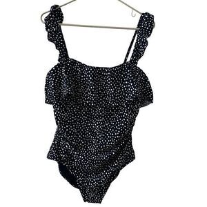 Kona Sol Navy Blue Polka Dot Ruffle One Piece Bathing Suit NWT‎ L 12-14